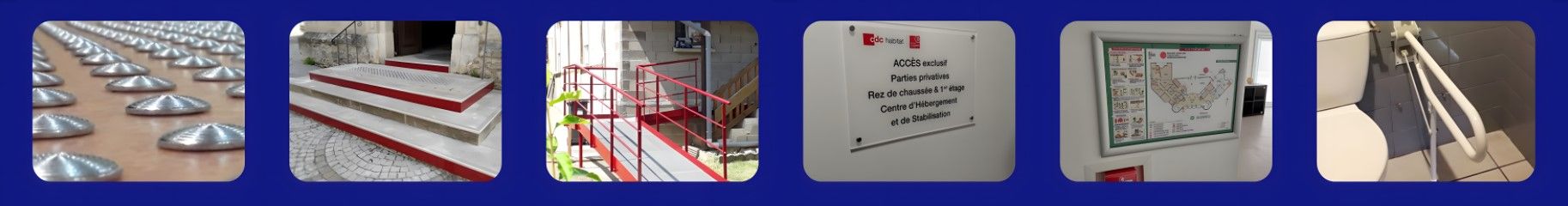Plots podotactiles en acier zingué collés à la colle polymère